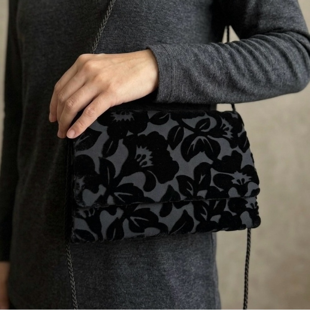 Vtg Inspired Black Floral Burnout Velvet Crossbody Bag & Clutch – High Quality